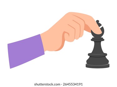Hand Holding a Black Chess Bishop Piece Ready to Make a Move in a Strategy Game