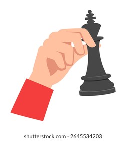 Hand Holding Black Chess King Piece Isolated on White Background with Red Sleeve Shirt