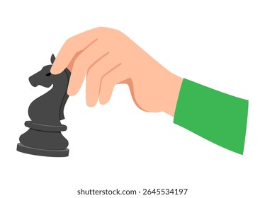Hand Holding Black Chess Knight Piece Ready to Move on Chessboard in Strategy Game