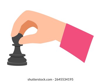 Hand Holding Black Chess Piece, Game Strategy and Tactical Move Concept, Illustration.