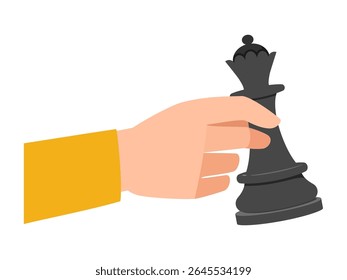 Hand Holding a Black Chess Queen Piece Strategically in Illustration Style