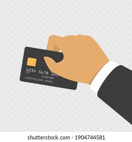 Hand holding black credit card. Modern illustration in flat design style. Payment, withdraw money, purchase, financial transaction concepts. Isolated on transparent background.