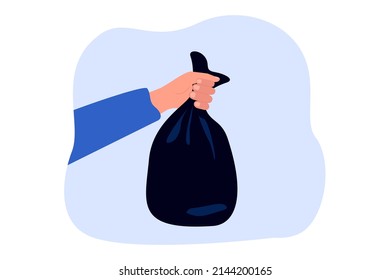 Hand holding black crumpled plastic bag with trash. Person throwing package with used rubbish and kitchen waste to dustbin or dumpster flat vector illustration. Housework, ecology, pollution concept