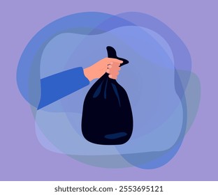 Hand holding black crumpled plastic bag with trash. Person throwing package with used rubbish and kitchen waste to dustbin or dumpster flat vector illustration. Housework, ecology, pollution concept