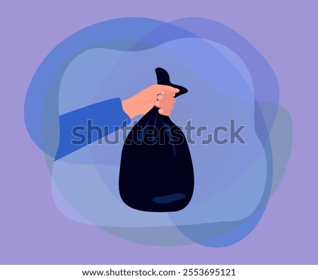 Hand holding black crumpled plastic bag with trash. Person throwing package with used rubbish and kitchen waste to dustbin or dumpster flat vector illustration. Housework, ecology, pollution concept