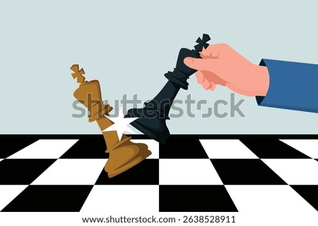 Hand holding black king chess piece. Business strategy. Planning and management concept.