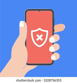 Hand holding black mobile phone isolated on light blue background. Smartphone on human's hand with x cross mark on the shield in the flat design vector illustration