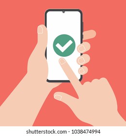 Hand holding black mobile phone with check mark tick OK on the screen isolated on red background. Smartphone on human's hand and index finger pointer touch the screen flat design vector illustration