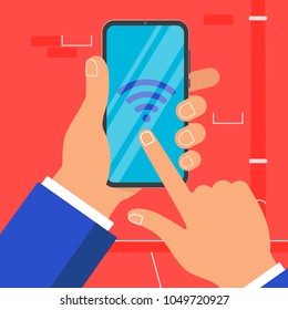 Hand holding black mobile phone isolated on blue background. Smartphone in human's hand with wifi signal icon sign symbol and index finger pointer touch the screen flat design vector illustration.