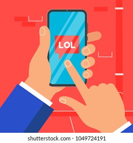 Hand holding black mobile phone behind red wall background. Smartphone in human's hand with chat bubble word LOL popped on screen and index finger  touch the screen flat design vector illustration.