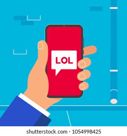 Hand holding black mobile phone with lol word symbol icon on the screen isolated on wall background. Smartphone in human's hand vector illustration flat design style chatting in bubbles concept