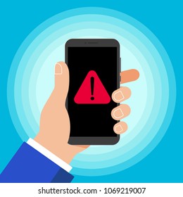 Hand holding black mobile phone with warning notice symbol icon sign on the screen isolated on background. Smartphone in human hand vector illustration flat design style. Attention, please!