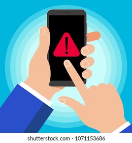 Hand holding black mobile phone with warning notice symbol icon sign  isolated on background. Smartphone in human hand and pointer finger touch the screenvector illustration flat design style 