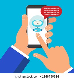 Hand holding black mobile phone isolated on blue background. Smartphone in human's hand with chat bot talk on the screen, popped above chat bubble and pointer finger flat design vector illustration. 