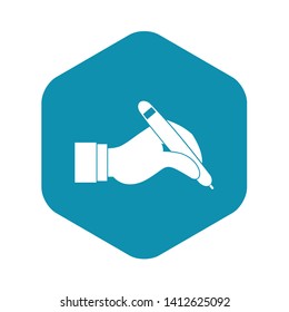 Hand holding black pen icon in simple style isolated vector illustration