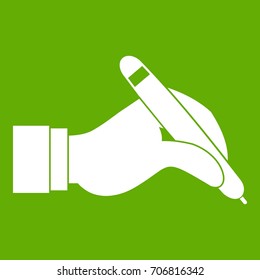 Hand holding black pen icon white isolated on green background. Vector illustration