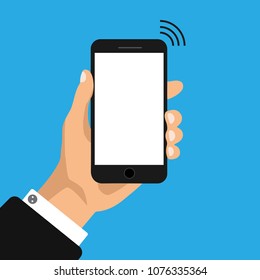 Hand holding black phone with empty white screen. Web flat icon. Hand holds smartphone close-up isolated on blue background. Vector illustration