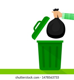 hand holding black plastic trash bag and green bin, bags waste and hands throwing garbage isolated on white, plastic bags of garbage waste in hand, bin bag plastic for disposal garbage and copy space