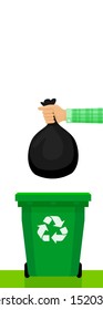 hand holding black plastic trash bag and green bin, bags waste and hands throwing garbage isolated on white, plastic bags of garbage waste in hand, bin bag plastic for disposal garbage and copy space