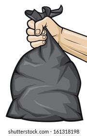 Hand Holding Black Plastic Trash Bag 