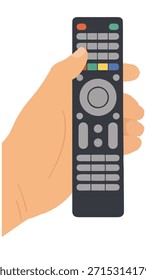 Hand holding a black remote control and pressing a button