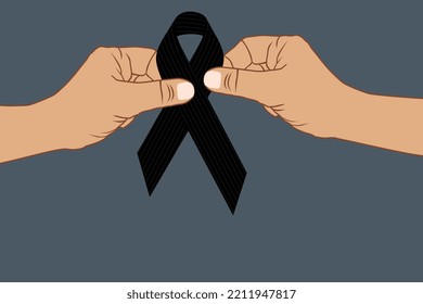 Hand holding a black ribbon. Skin cancer awareness month. Melanoma awareness. Narcolepsy Awareness and Mourning. Flat vector illustration