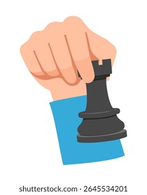 Hand holding a black rook chess piece ready for game with bright background illustration