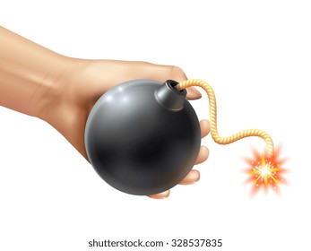 Hand holding a black round bomb with burning fuse realistic vector illustration 