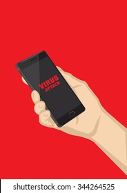 Hand holding black smart mobile phone with red text virus attack on touchscreen. Vector illustration isolated on saturated red background.