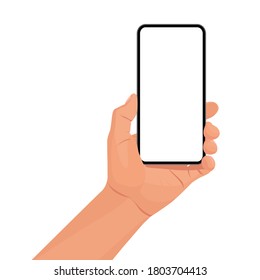 Hand holding the black smartphone with blank screen and modern frameless design. Template vector illustration on isolated background. 