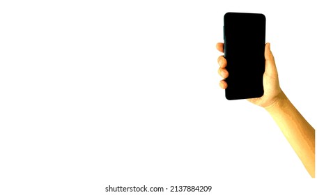  hand holding black smartphone with blank screen and stylish frameless design, two angled and vertical positions - isolated on white background.vector  illustration.