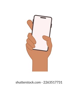 Hand holding the black smartphone with blank screen and modern frameless design. Template vector illustration on isolated background. Vector 10 eps.