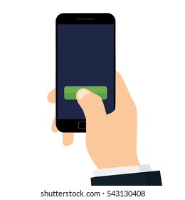 Hand holding black smartphone with button on screen. Vector illustration. Flat design