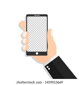 Hand holding black smartphone, easy to change screen on white background with shadow. Human, illustration, isolated on white background - Vector  flat cartoon design concept