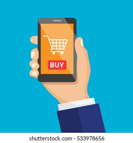 Hand holding black smartphone. E-commerce flat design concept. Mobile shopping button, flat design isolated on biue background. Vector flat illustration icon.