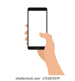 Hand holding a black smartphone with an empty screen. Vector stock flat illustration isolated on a white background