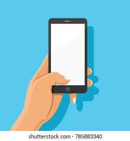 Hand Holding Black Smartphone And Finger Touch On Blank White Screen On Blue Background With Shadow. Human Using Mobile Phone, Vector Illustration Flat Cartoon Design Concept.