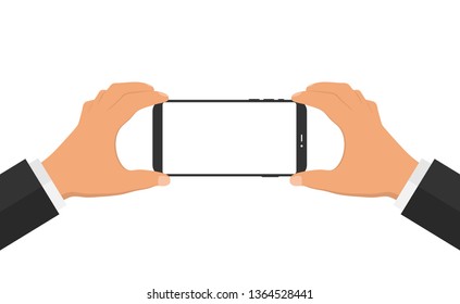 Hand holding black smartphone. Flat design concept. 