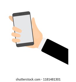 Hand holding black smartphone with grey screen in a vertical pozition. Electronic device. Isolated flat vector illustration