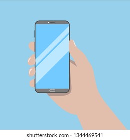 Hand holding black smartphone isolated on blue background. Vector flat style design phone with blank screen and human hand.