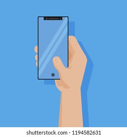 Hand holding black smartphone touching on blank screen