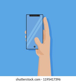 Hand holding black smartphone touching on blank screen