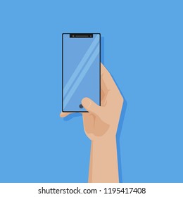 Hand holding black smartphone touching on blank screen