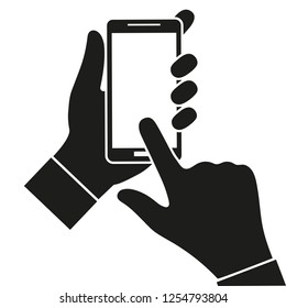 Hand Holding Black Smartphone, Touching Blank White Screen. Using Mobile Smart Phone On White Background