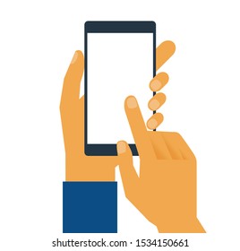 Hand holding black smartphone, touching blank white screen. Using mobile smart phone, flat design concept. Eps 10 vector illustration