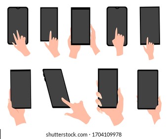 Hand holding black smartphone, touching blank white screen. Using mobile smart phone. Graphics for websites, web banners. Flat design vector illustration