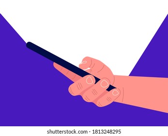 Hand holding black smartphone, touching screen. White light from the smartphone. Mockup for your text. Vector illustration.