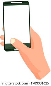 Hand holding black smartphone touching screen. Flat vector illustration phone with blank screen. Smartphone with touchscreen, chatting sms, application for communications template isolated on white