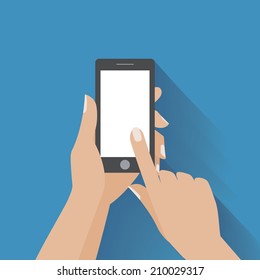 Hand holding black smartphone, touching blank white screen. Using mobile smart phone, flat design concept. Eps 10 vector illustration