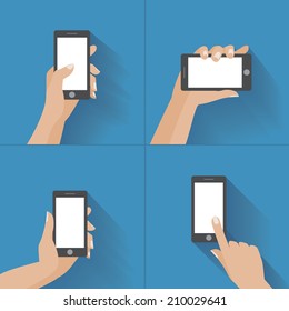 Hand holding black smartphone, touching blank white screen. Using mobile smart phone, flat design concept. Eps 10 vector illustration